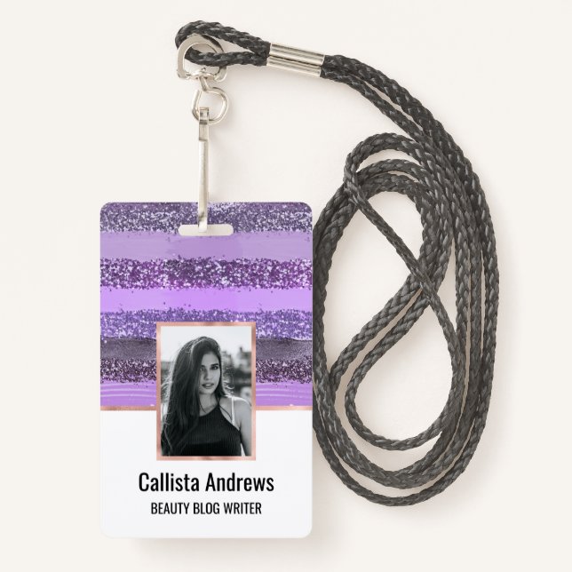Girly Chic Purple Paint Glitter Brushstrokes ID Badge (Front with Lanyard)