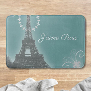 girly chic retro fashion Teal paris eiffel tower Bath Mat