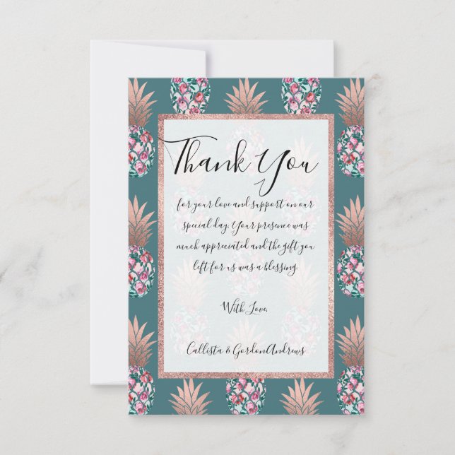 Girly Chic Rose Gold Floral Pineapples Teal Green Thank You Card (Front)