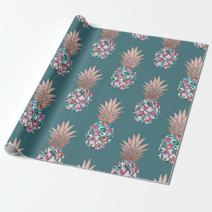 Girly Chic Rose Gold Floral Pineapples Teal Green Wrapping Paper