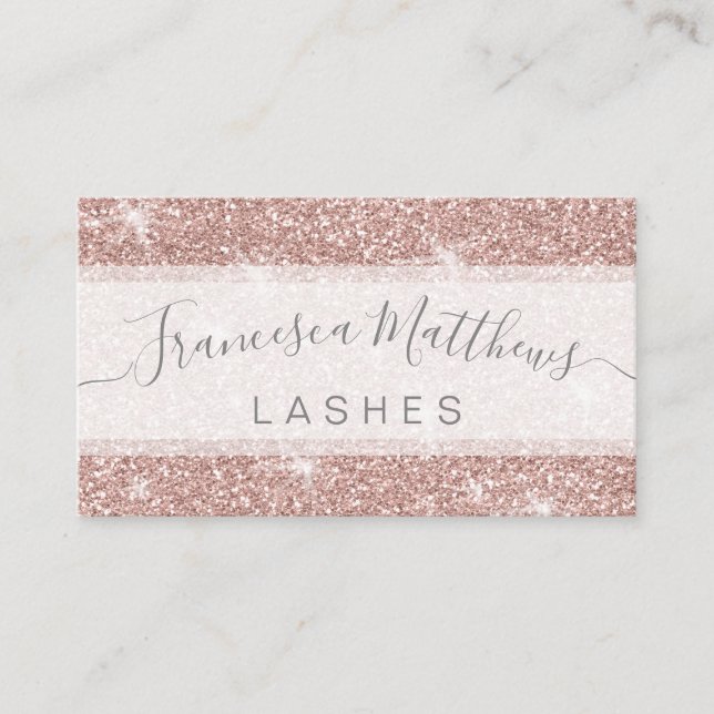 Girly Chic Rose Gold Glitter Lashes Script Business Card (Front)