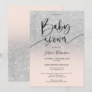 Girly chic silver glitter ombre pink baby shower invitation