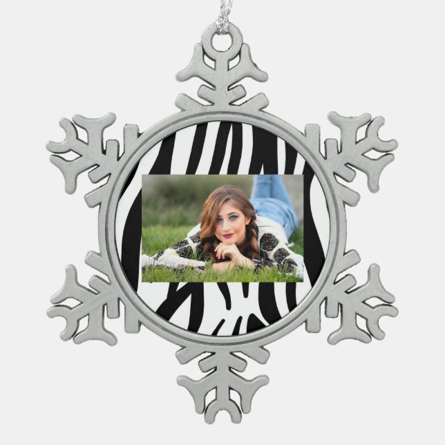 girly chic stylish black white zebra print snowflake pewter christmas ornament (Front)