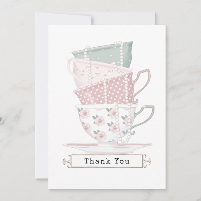 Girly Chic Teacup Stack and Pearls Thank You Card (Front)