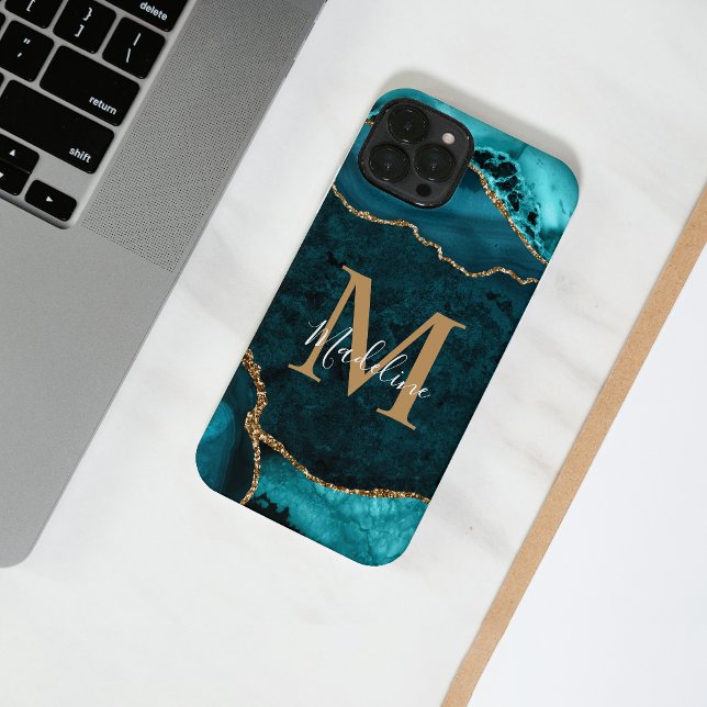 Girly Chic Teal Gold Agate Geode Monogram iPhone Case (Creator Uploaded)