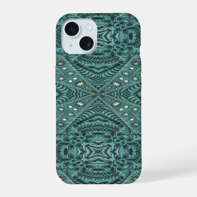 girly chic teal turquoise tooled leather pattern iPhone 15 case (Back)