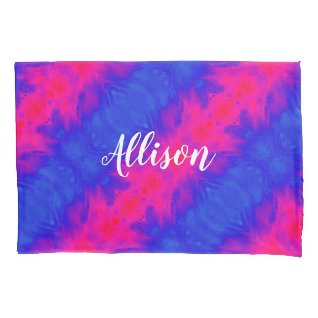 Girly Chic Tie Dye Pink Blue Personalised Pillowcase (Front)