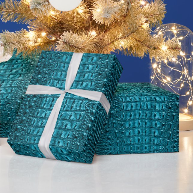 girly chic turquoise aqua blue alligator print wrapping paper (Holidays)