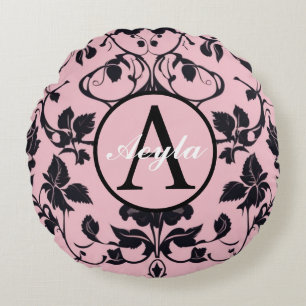 Girly Chic: Vintage Pink & Black Rose Damask Round Cushion