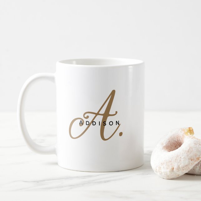 Girly Chic White Gold Script Monogram Coffee Mug (With Donut)