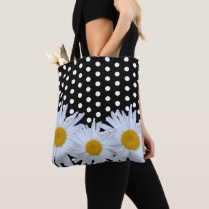 Girly Chic White Polka Dots Black Daisy Tote Bag