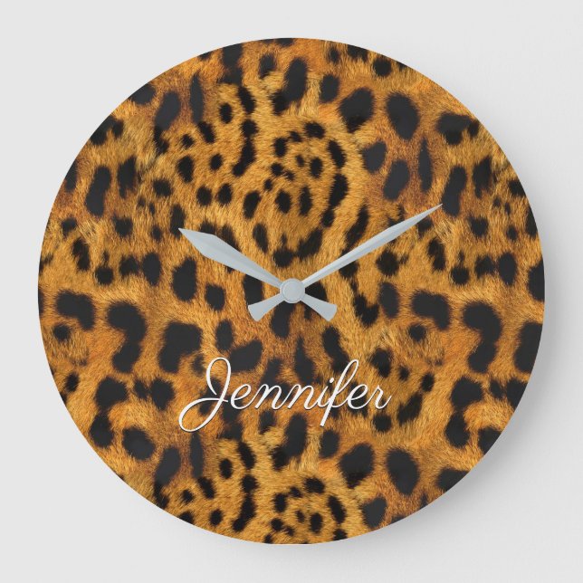 Girly Chic Wild Jaguar Skin Print Name Customised Large Clock (Front)