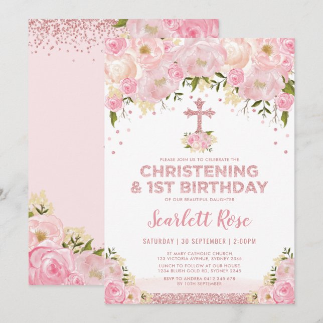 Girly Christening 1st Birthday Rose Gold Blush Invitation (Front/Back)