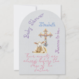 Girly Christian Grey Mauve Lamb Pastel Cross  Invitation