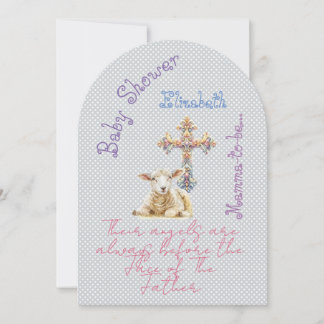 Girly Christian Grey Mauve Lamb Pastel Cross  Invitation