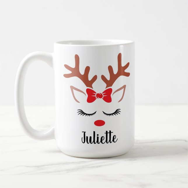 Girly Christmas Reindeer red bow nose personalised Coffee Mug (Left)