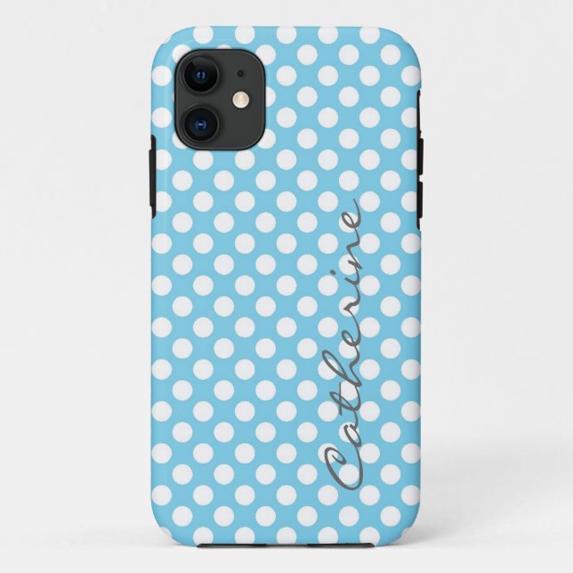 Girly, classic aqua blue polka dots custom Case-Mate iPhone case (Back)