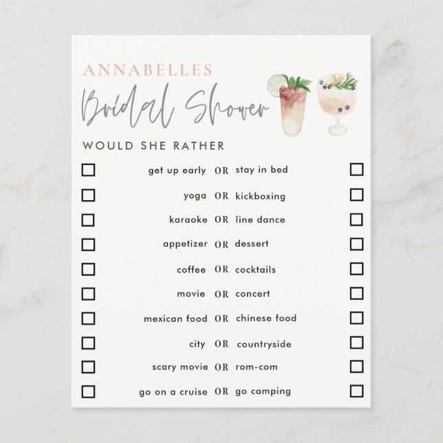 girly cocktail bachelorette would she rather game (Front)