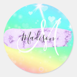 Girly Colorful Unicorn Rainbow Hearts Monogram Classic Round Sticker