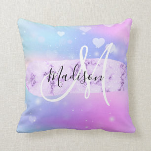 Girly Colorful Unicorn Rainbow Hearts Monogram Cushion