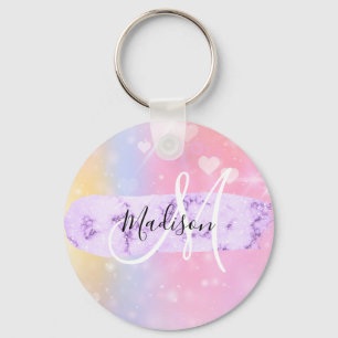 Girly Colorful Unicorn Rainbow Hearts Monogram Key Ring