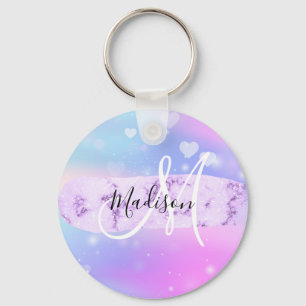 Girly Colorful Unicorn Rainbow Hearts Monogram Key Ring
