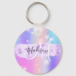 Girly Colorful Unicorn Rainbow Hearts Monogram Key Ring