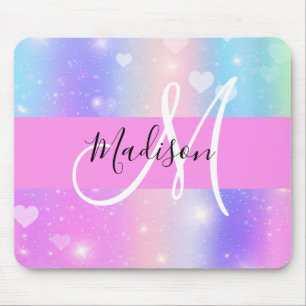 Girly Colorful Unicorn Rainbow Hearts Monogram Mouse Mat