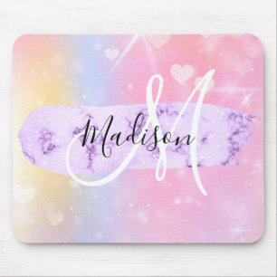 Girly Colorful Unicorn Rainbow Hearts Monogram Mouse Mat