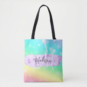 Girly Colorful Unicorn Rainbow Hearts Monogram Tote Bag