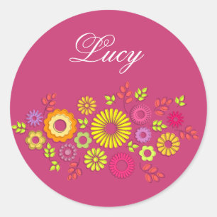 Girly colourful and pink summer flowers classic round sticker