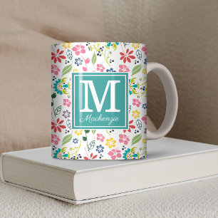 Girly Colourful Bohemian Spring Flowers Monogram Coffee Mug