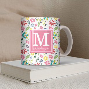 Girly Colourful Bohemian Spring Flowers Monogram Coffee Mug