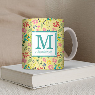 Girly Colourful Boho Spring Flowers Monogram Coffee Mug