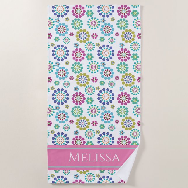 Girly Colourful Dot Flower Pattern Personalised Beach Towel (Front)