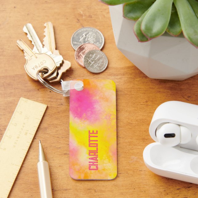 Girly Colourful Gradient Luminous Joy + Name Key Ring (Desk)
