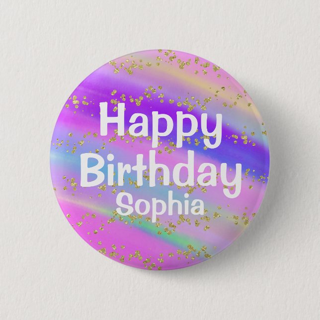 Girly Colourful Happy Birthday Unicorn Gold 6 Cm Round Badge (Front)
