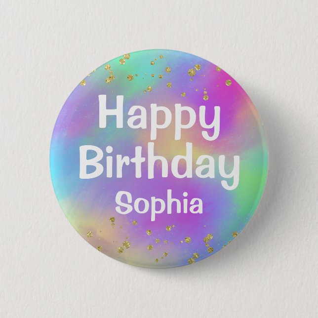 Girly Colourful Happy Birthday Unicorn Gold Glitte 6 Cm Round Badge (Front)