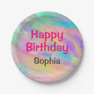 Girly Colourful Happy Birthday Unicorn Gold Glitte Paper Plate