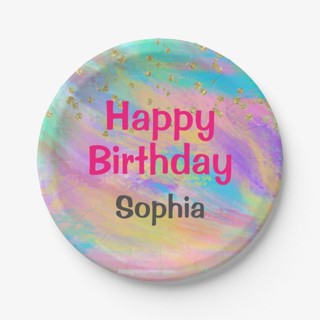 Girly Colourful Happy Birthday Unicorn Gold Glitte Paper Plate (Front)