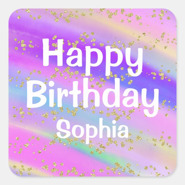 Girly Colourful Happy Birthday Unicorn Gold Glitte Square Sticker (Front)