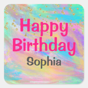 Girly Colourful Happy Birthday Unicorn Gold Glitte Square Sticker