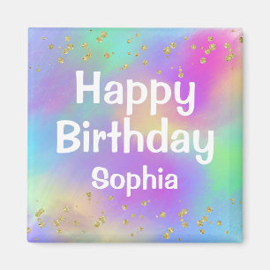 Girly Colourful Happy Birthday Unicorn Gold Magnet