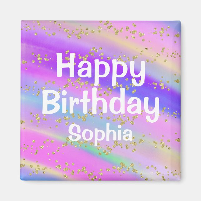 Girly Colourful Happy Birthday Unicorn Gold Magnet (Front)
