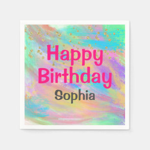 Girly Colourful Happy Birthday Unicorn Gold Napkin