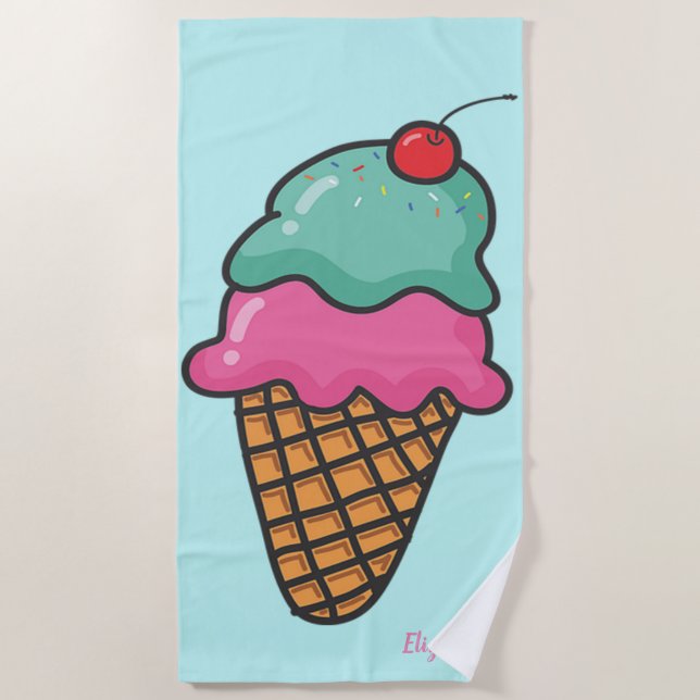 Girly Colourful Ice Cream Cones - Personalised Beach Towel (Front)