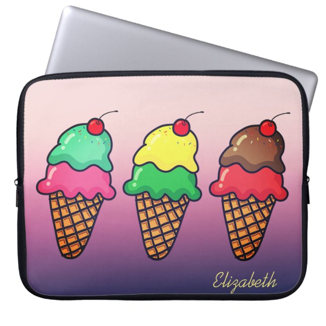Girly Colourful Ice Cream Cones - Personalised Laptop Sleeve (Front)
