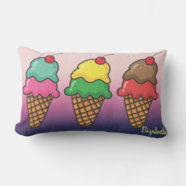 Girly Colourful Ice Cream Cones - Personalised Lumbar Cushion (Front)