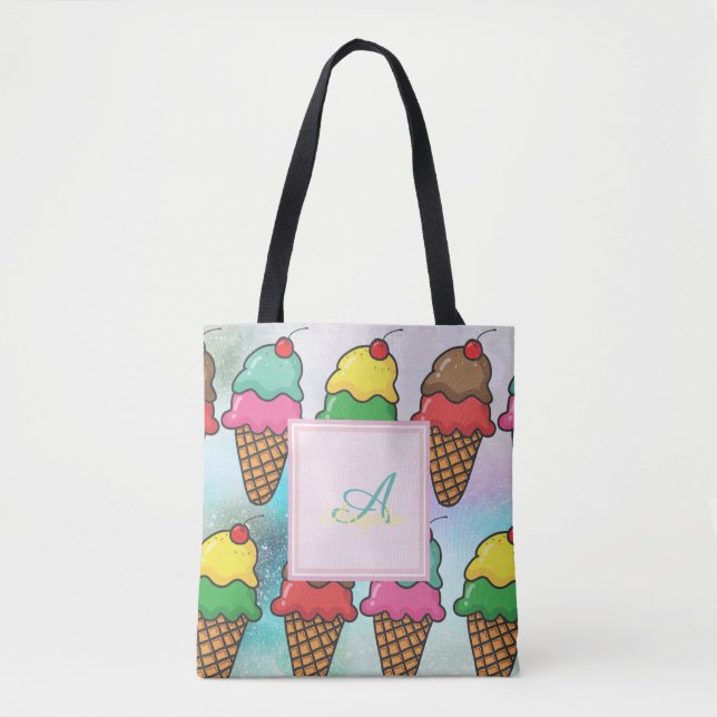Girly Colourful Ice Cream Cones - Personalised Tote Bag (Front)