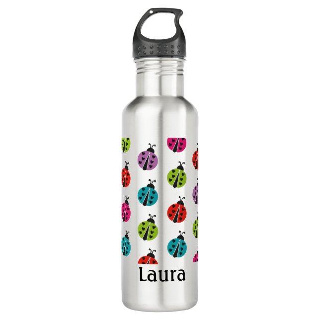 Girly Colourful Ladybug Personalised 710 Ml Water Bottle (Front)